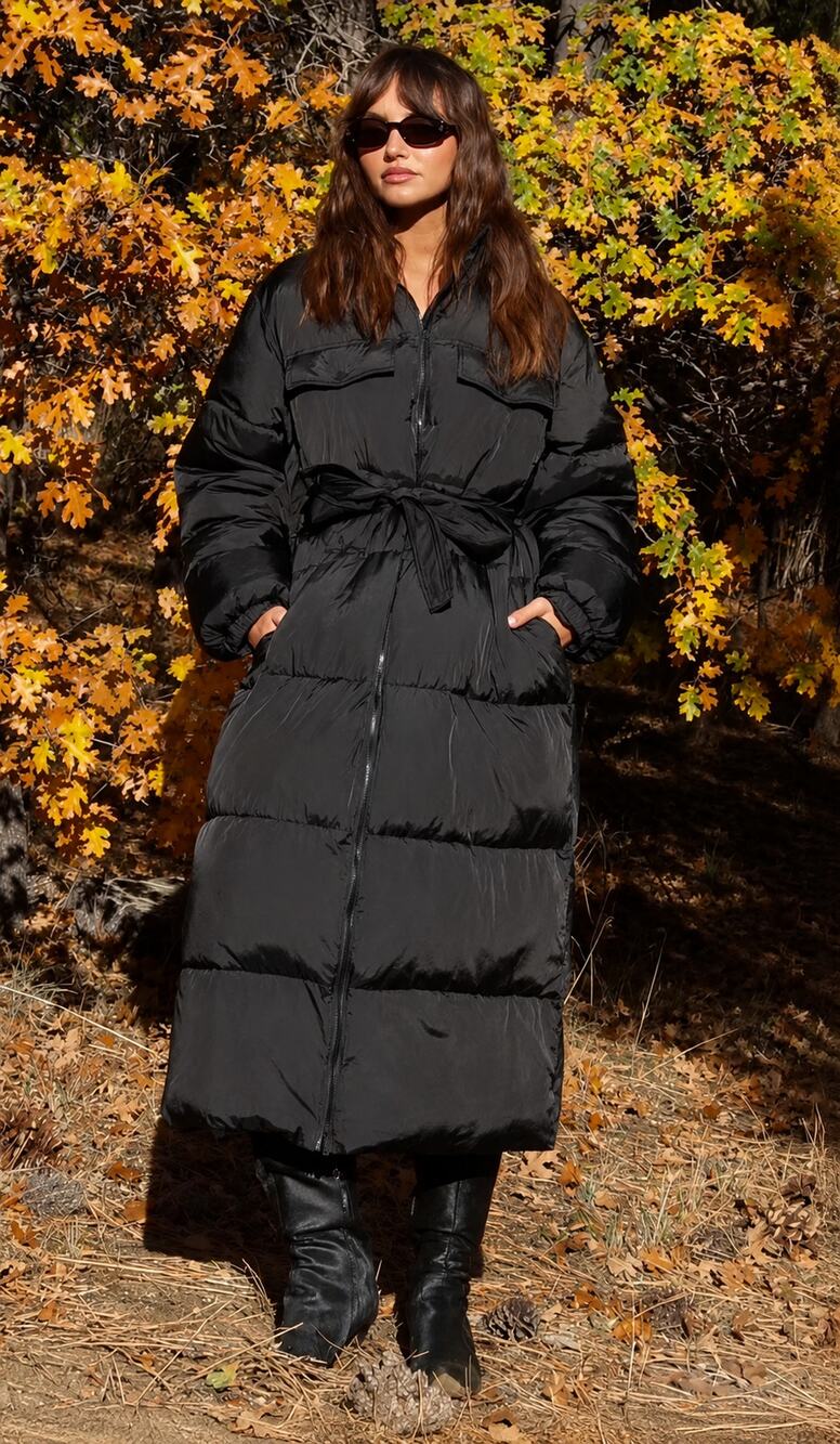 Good American Longline Belted Puffer Coat Womens S Black Cold Weather Nylon
